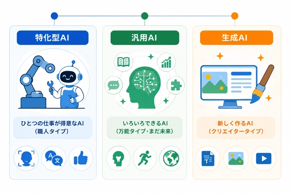 AIは大きく3種類に分けられる。特化型AI、汎用AI、生成AI。